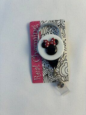 Disney Minnie Mouse Badge Reel Holder W/ Clip & Snap Charm *NEW*